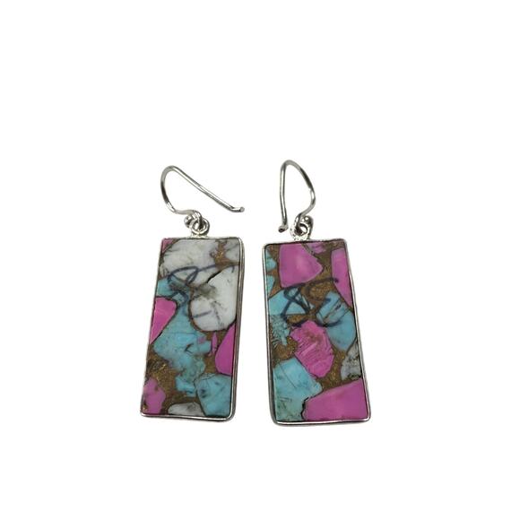 925 Sterling Silver Cotton Candy Turquoise Earrings – Pink & Blue Dangles - Picture 2 of 3